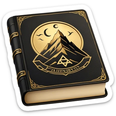 A black and gold book with an aged leather texture, embossed with an alchemical symbol, a compass, or a forging hammer, exuding wisdom, mastery, and the relentless pursuit of greatness. - book on mastery ... silhouette of a mountain  sticker