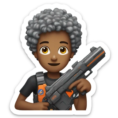 Boy with curly hair with nerf blaster sticker
