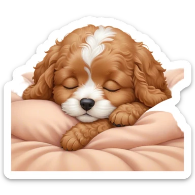 Cinematic cute Sleeping Cavoodle Portrait Emoji, cute and serene, with a round, cuddly build and a soft, curly apricot coat with subtle white patches, eyes gently closed in peaceful slumber, Simplified yet irresistibly endearing features, highly detailed, glowing with a gentle, dreamy glow, high shine, relaxed and content, stylized with a touch of whimsy, bright and heartwarming, soft glowing outline, capturing the essence of a blissfully sleepy companion, so comically serene it feels like it could roll out of the screen and snore with adorable charm! sticker