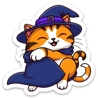 full body ginger tabby cat flopped over on her side wearing an indigo witch hat sticker