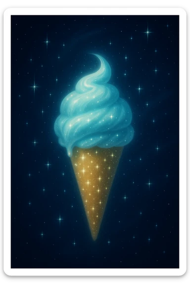Add a cone with stars to the moonbeam ice cream, keep magical, floating, night sky background, gentle light. Style the image to reflect a magical and ethereal night sky scene with soft glowing light. sticker