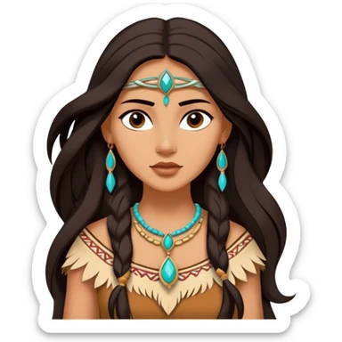 Cinematic Elegant Pocahontas Portrait Emoji, rendered in a realistic, vector-style with minimal shading and bold, simplified shapes. Depict Pocahontas (chest and above) with warm, sun-kissed skin, long, flowing dark hair, and gentle, wise eyes, wearing traditional attire in earthy tones with hints of turquoise. The image glows with a soft, natural radiance and high shine, embodying timeless indigenous beauty. sticker