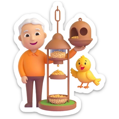 3D smiley emoji, round shape, grandfather with a bird feeder, brown color, smiling face sticker