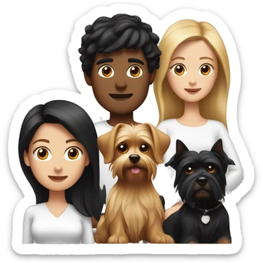 A white man with black hair, a white woman with brown hair, a Yorkshire terrier and a black dog with white breasts sticker