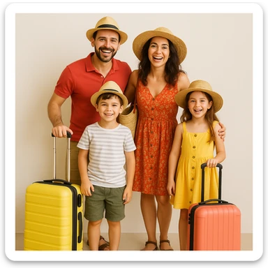 a family of Italian tourists, parents and two kids, wearing summer outfits, carrying suitcases, excited for vacation sticker
