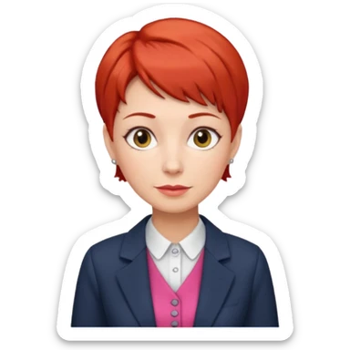 accountant older with red short hair without glasses, modern clothes, girly sticker
