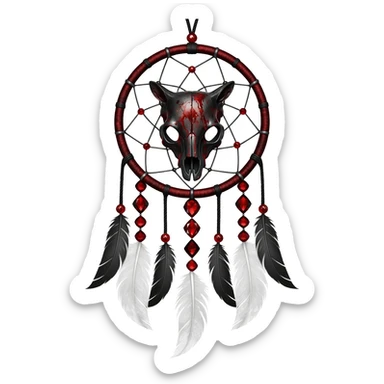 Blood-red, bloody, obsidian-black, edgy, dream catcher, red gemstones, black wire, black threads, animal skull, white feathers, badass, evil, gorgeous aesthetic, gothic decoration sticker