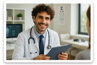 Create a hyperrealistic 4K image of a young smiling doctor inspired by the reference face, wearing a white coat and stethoscope, in a modern medical office. The doctor holds a medical chart and is advising a patient with PCOS who follows a ketogenic diet, with a professional and reassuring expression. Include realistic details, bright and welcoming atmosphere. sticker