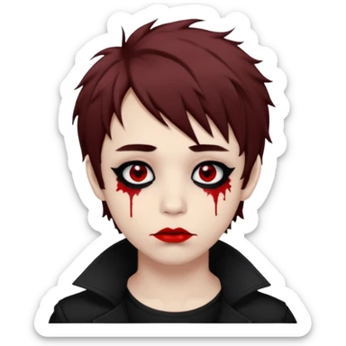 Happy pale Goth boy with shaggy brown hair, and messy black eyeliner , smudged, red, lipstick  sticker