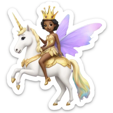 A fairy queen with purple wings and a golden crown riding a rainbow unicorn ￼ sticker