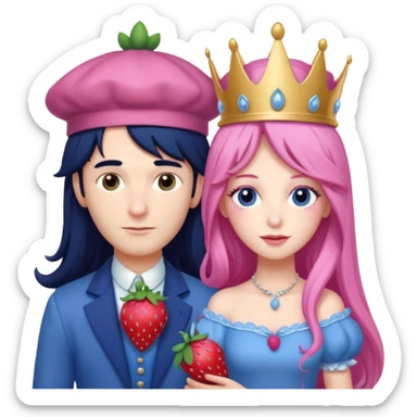 pale blueberry prince man Handsome with long black hair blueberry hat and clothes next to pale strawberry princess woman with strawberry hat eyelashes long pink hair and Pink strawberry dress sticker