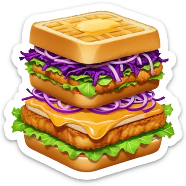 Burning hot, spicy,  stacked chicken sandwich — two thick golden toast slices, a crispy breaded chicken fillet, green lettuce, and purple cabbage slaw, with glossy dark sauce dripping down the sides. sticker