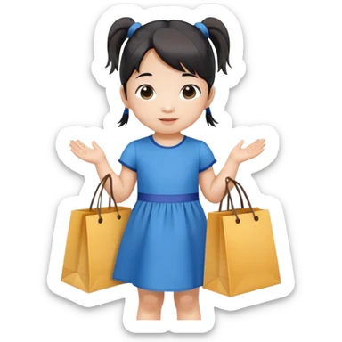 Asian toddler girl in 2 pony tails in blue dress holding a shopping bag sticker