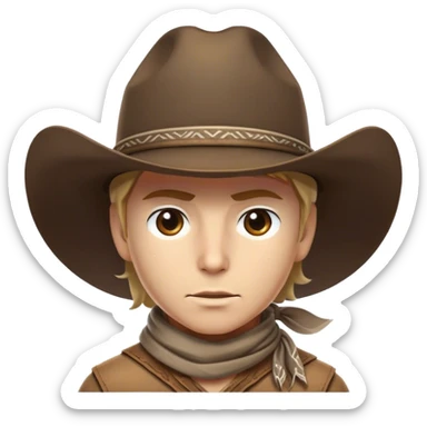Clash of Clans aesthetic friendly Cowboy Portrait Emoji, With a rugged yet stylized build wearing a classic wide-brimmed hat and bandana, his face rendered in a natural skin tone (not yellow), determined eyes and a steely gaze, Simplified yet dynamic features, highly detailed, glowing with a warm, sunlit frontier radiance, high shine, brave and spirited, stylized with an air of Wild West heroism, focused and ready, soft glowing outline, capturing the essence of a fearless cowboy adventurer ready to ride into epic quests! sticker