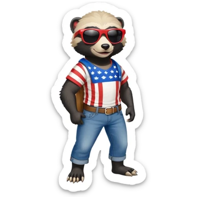 friendly anthropomorphised honey badger in jeans and a t-shirt, wearing sunglasses, dressed for USA Independence Day with red, white, and blue clothing sticker