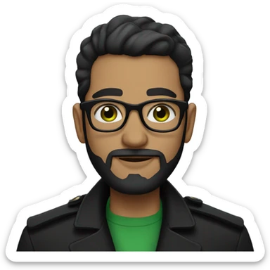 arabic looking man with black gentleman hair and small beard with green tinted glasses and black shirt and black trench coat sticker