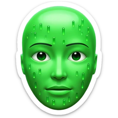 Emoji inspired by The Matrix film, glowing green terminal code forming a face, digital rain backdrop, hacker cyberpunk aesthetic, high contrast black and green, cinematic sci-fi lighting, ultra-sharp 3D. sticker