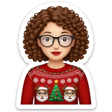Mujer pelo rizado, jersey navidad ,gafas sticker