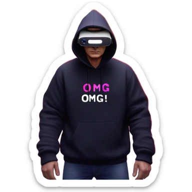 Vladimir Putin wearing a black hoodie with "OMG" letters on it and VR headset oculus quest 2 in a cyberpunk VR environment with violet neon lighting. sticker