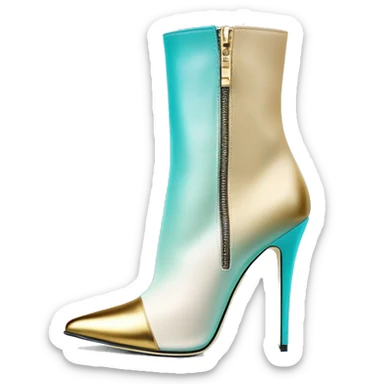 Hyper Realistic isolated top view of a pair of tiffany blue ,cream,and gold ombre Jimmy Choo zippered peppe toe Stiletto Heel ankle bootie boots. sticker