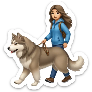 A long-haired girl walking an Alaskan dog sticker