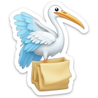 stork carrying a light blue bundle of cloth in its beak that has a human baby with dark hair and the baby face and head is peeking from the cloths bundle the strok is carrying with its beak sticker