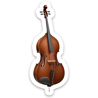 Create an elegant and detailed emoji representing a Gliga Gama double bass with bow. The design should showcase the large, sleek body of the double bass with its rich wood finish, including the characteristic curves and deep tone holes. The bow should be elegantly positioned next to the instrument, highlighting the hair and smooth wooden stick. Use warm wood tones like chestnut brown for the body of the bass, silver accents for the fittings, and dark brown for the bow. Add subtle musical notes or sound waves flowing from the bass to represent its deep, resonant sound. The background should be transparent. sticker