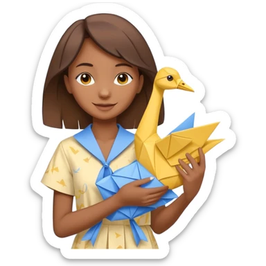 happy-african-young-girl-with-brown-hair-in-a-white-vintage-kanga-shirt-holds-an-origami-yellow-and-blue-crane sticker