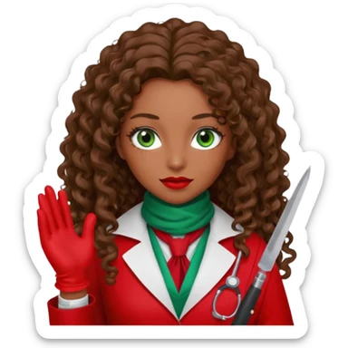 Lilith scalpel in hand, evil surgeon sexy surgeon clothes.  She has green  eyes. She brown long curly hair. Wears sexy doctor outfit with red gloves. Outfit is also red. hair is free and brown. Hides face by using a red scarf sticker