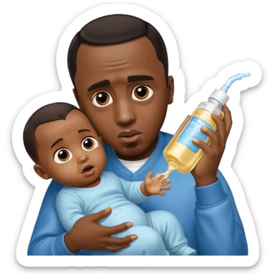Sean “Diddy” Combs with baby oil and a very small infant and he’s pouring the baby oil on the baby and they have a scared face they’re really scared sticker