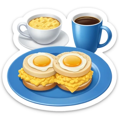 a blue plate with breakfast sandwiches and scrambled eggs and a cup of white coffee sticker