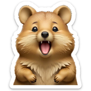 Cinematic Cute Yawning Quokka Portrait Emoji, Head tilted slightly with a dramatic, wide-open yawn, showcasing a soft, downy brown fur with a slightly droopy expression and eyes barely open in drowsy contentment, Simplified yet irresistibly adorable features, highly detailed, glowing with a soft, cozy glow, high shine, relaxed yet expressive, stylized with a touch of playful charm, bright and endearing, soft glowing outline, capturing the essence of a sleepy yet affectionate quokka, so drowsy it feels like it could stretch out of the screen and curl up for a nap! sticker