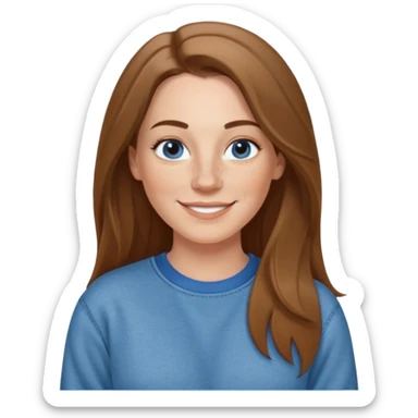 A 38 year old white woman with long brunette hair parted in the middle. She has a nose ring. She has freckles and is wearing a sweatshirt and jeans smiling sticker