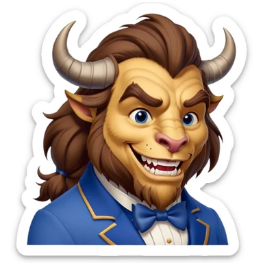 Beast from Beauty and the Beast with human mouth smiling, gentler expression, blue formal outfit sticker