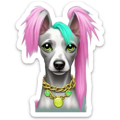 Punk Chinese crested dog neon cyan green pink hair gold chain punk piercings tattoos punk ear piercings sticker