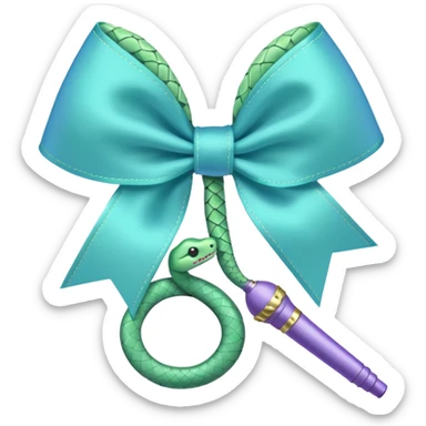 A pastel blue bow with a pastel a pastel green snake at the top of one side and a pastel purple microphone on the bottom of the other side of the bow sticker