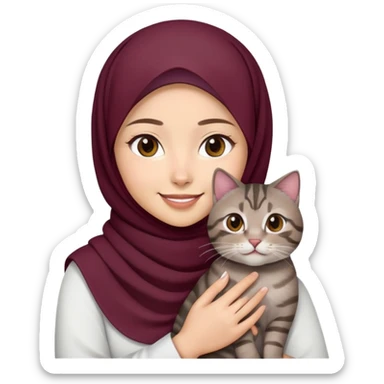 Asian white Girl wearing dark maroon hijab with white shirt smiling while holding a black brown grey tabby cat sticker
