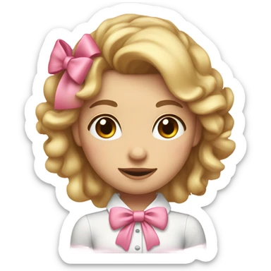 A cute emoji-style female character with large brown eyes, fair skin, and long curly blonde hair. She has two big pink bows on both sides of her head and wears a white blouse with a pink bow tie. Her facial expression is neutral and friendly sticker