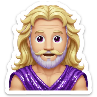 Zeus from Olympus Gods with long blonde wavy hair and beard, purple sequin loincloth sticker