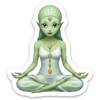 a Reptilian alien woman,in meditation, white dress like a priestess sticker