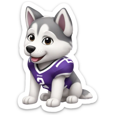 cute fluffy baby husky wearing a purple football jersey sticker