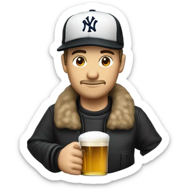 Homme blanc / cheveux courts noir / mal rasé / casquette noir yankees noir / avec une bière sticker