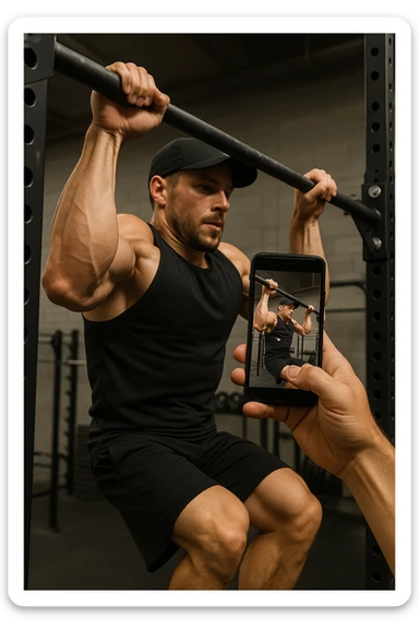 uomo che fa Muscle up e si sta filmando davanti con il telefonino per vedere la sua posizione dei gomiti e delle mani sulla sbarra sticker