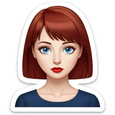 Creative 40-something woman with fair skin, oval face, striking blue eyes with dark eyeliner, thin eyebrows, small nose, full lips with bright red lipstick, dark auburn hair with straight bangs, slight age lines, wearing an elegant black blouse, artistic expression sticker