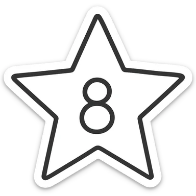 hand-drawn outline style five-pointed star with the number 8 centered inside, black outlined icon, no color sticker