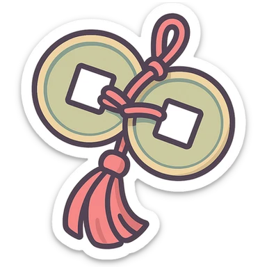 pair of Chinese coins with square holes tied with a red thread tassel, icon-color-outlined style, detailed shadows and highlights, thin clean outlines, soft rounded shapes, pastel palette #98B5BC, #B5B3C1, #C9A3C9, #E4C0CA, #F7DCD1, #F7C0AA, modern Japanese pop art and sticker aesthetic, high detail, vector sharpness, soft lighting, transparent background sticker