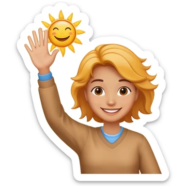 a person waving and saying good morning, sun rising in background, cheerful and friendly sticker