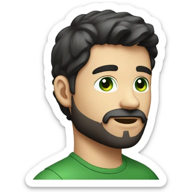 Handsome man with dark hair, gradient short hair on the side, green eyes. Talking and thin face. Black t-shirt. A little beard. sticker