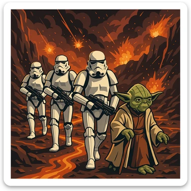 vector art of a Starwars stormtroopers is walking on lava planet with yoda, battleground background 
 sticker