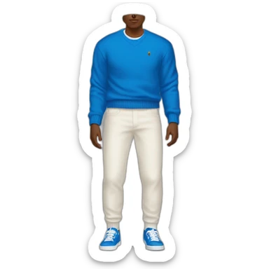 brown guy wearing a ralph lauren blue sweater with an italian white pant and old bape sneakers sticker